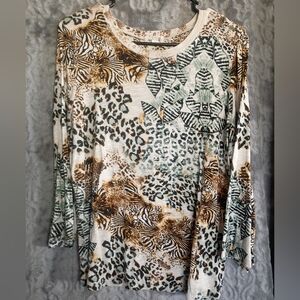 ONE WORLD Mixed Animal Print Long-Sleeve in Cream, Brown & Green